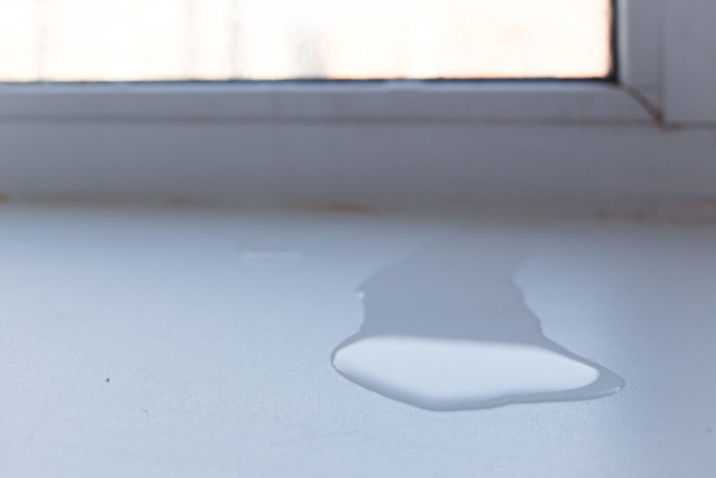 Water leaking from a window at the bottom on the ledge.