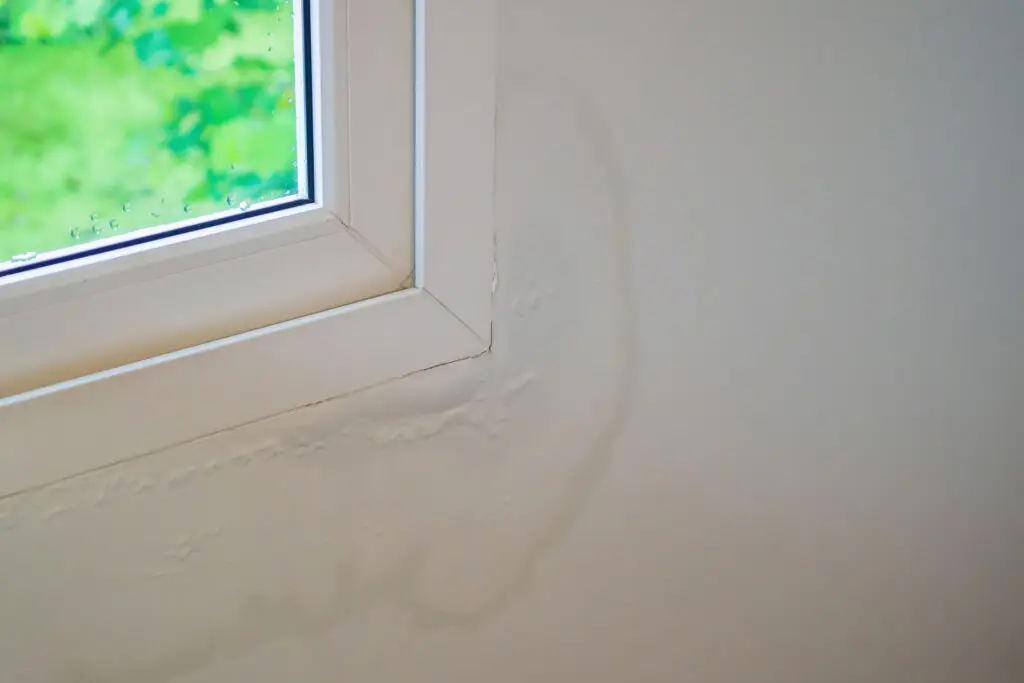 Leaking window in a home with visible water damage in the surrounding drywall.